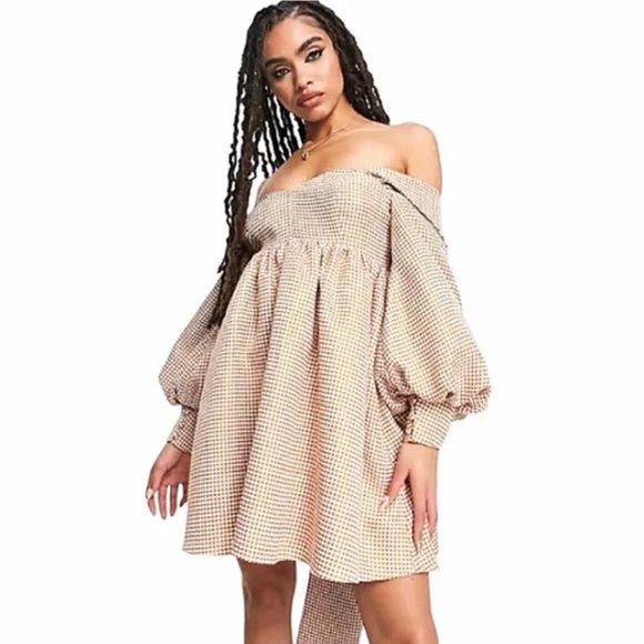 NWOT ASOS LUXE Bandeau Sweetheart Neck Mini Smock Houndstooth Baby Doll Dress - Picture 2 of 9